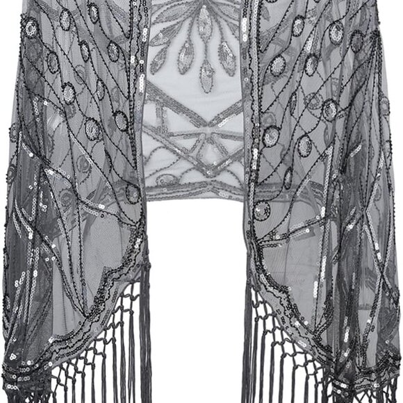 Accessories - Women's 1920s Scarf Wraps Sequin Deco Fringed Wedding Cape Evening Shawl Vintage
